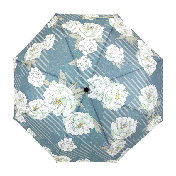 和柄テキスタイル 三つ折り畳み傘‐牡丹／青（わがらてきすたいる みつ折りたたみ傘-ぼたん／あお）