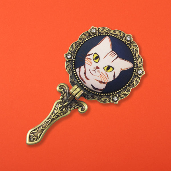 【猫まっしぐらセレクト】KANNEKO 猫の手鏡-白茶トラ猫 ネイビー