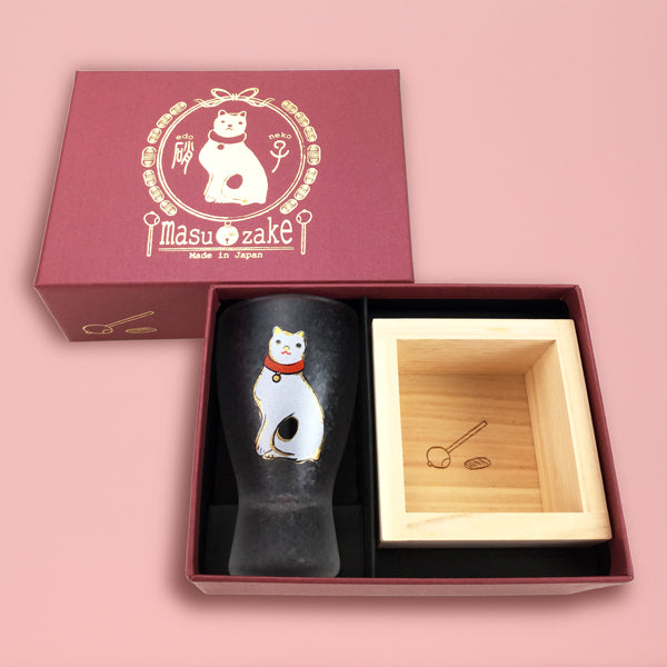 【猫まっしぐらセレクト】江戸猫ぐらす 猫の枡酒グラス-ねこ・化粧箱入