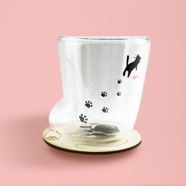 【猫まっしぐらセレクト】ASHIATO Sサイズ・猫の耐熱二層グラス-にゃんこの足あと