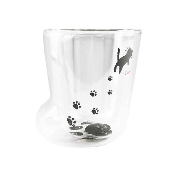 【猫まっしぐらセレクト】ASHIATO Sサイズ・猫の耐熱二層グラス-にゃんこの足あと