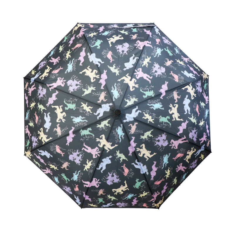 和柄テキスタイル三つ折りたたみ傘-鳥獣強筋戯画 墨｜おしゃれな和柄傘