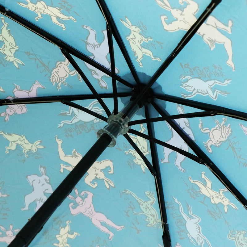 和柄テキスタイル三つ折りたたみ傘-鳥獣強筋戯画 藍(わがらてきすたいるみつおりたたみがさ-ちょうじゅうきょうきんぎが あい)