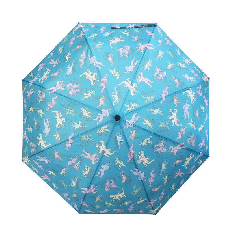 和柄テキスタイル三つ折りたたみ傘-鳥獣強筋戯画 藍(わがらてきすたいるみつおりたたみがさ-ちょうじゅうきょうきんぎが あい)