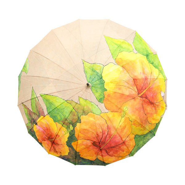 和柄テキスタイル 16本骨長傘‐色絵南国植物‐仏桑花（わがらてきすたいる 16ぽんほねなががさ‐いろえなんごくしょくぶつ-はいびすかす）