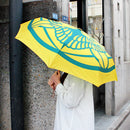 和柄テキスタイル 三つ折り畳み傘‐竹に飛び雀／芥子色（わがらてきすたいる みつ折りたたみ傘-たけにとびすずめ／からしいろ）