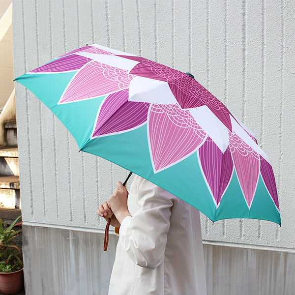 和柄テキスタイル 三つ折り畳み傘‐蓮／浅葱（わがらてきすたいる みつ折りたたみ傘-はす／あさぎ）