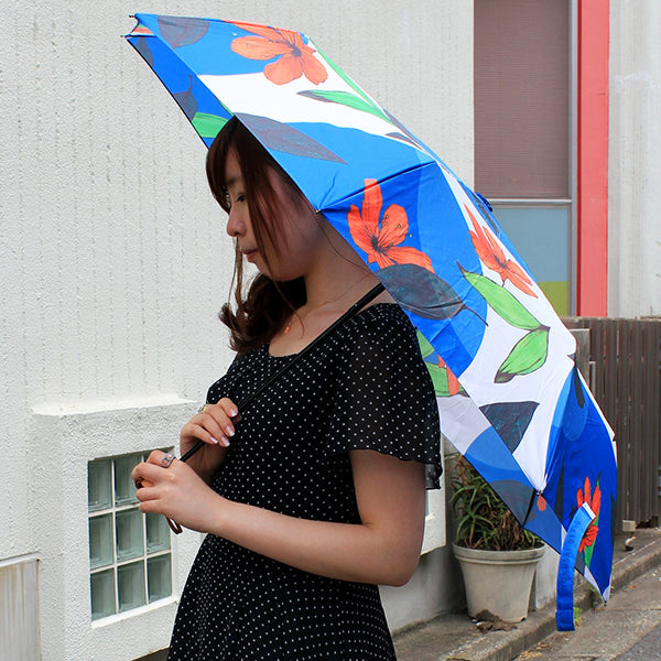 和柄テキスタイル 三つ折り畳み傘‐躑躅／スカイブルー（わがらてきすたいる みつ折りたたみ傘‐つつじ）