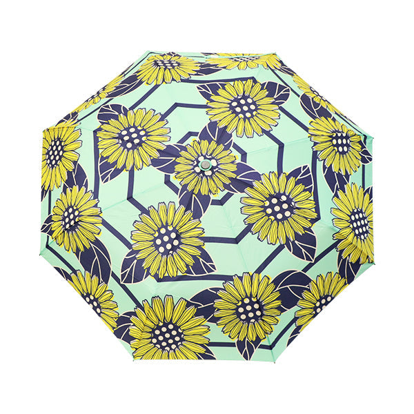 和柄テキスタイル 三つ折り畳み傘‐向日葵／ミント（わがらてきすたいる みつ折りたたみ傘-ひまわり）